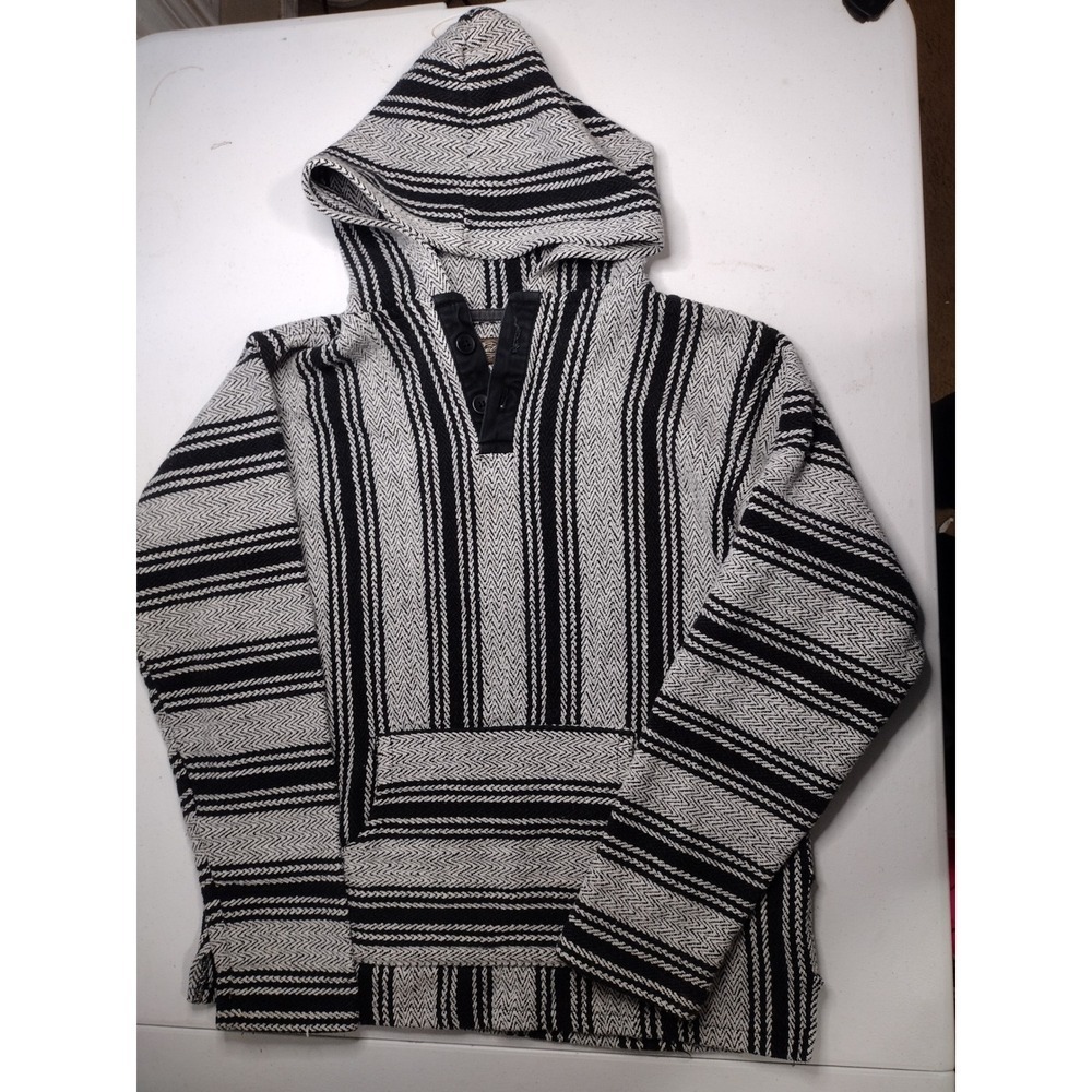 Retrofit Mens Baja Hoodie Black White Striped Drug Rug Pullover Large Mexico